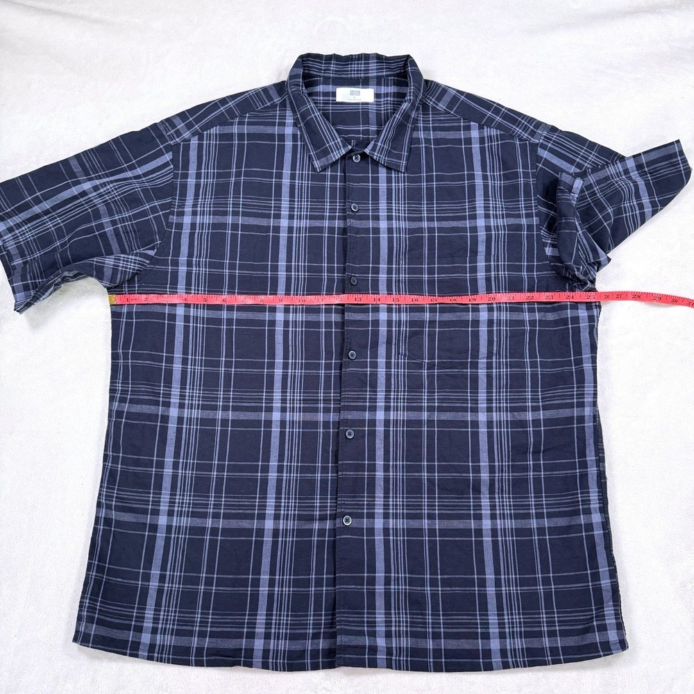 Uniqlo Navy Blue Plaid Linen Cotton Blend XL Short Sleeve Button Front Shirt - Picture 5 of 10